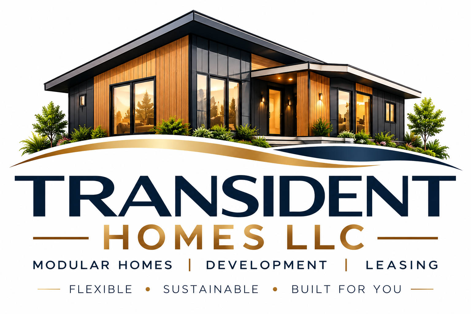 Transident Homes LLC — modern modular home with navy and gold branding